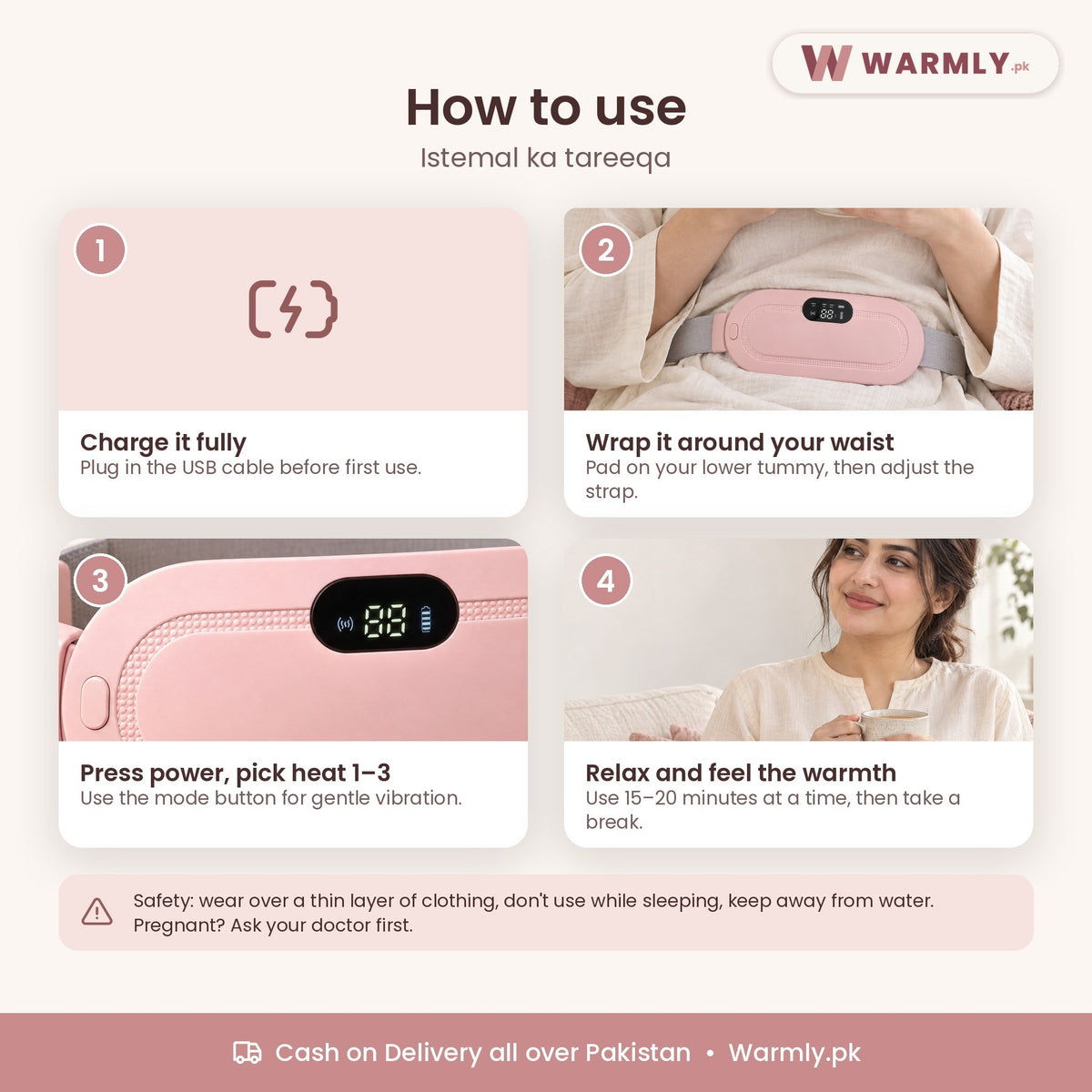 Warmly period cramp heating belt: how to use, step by step
