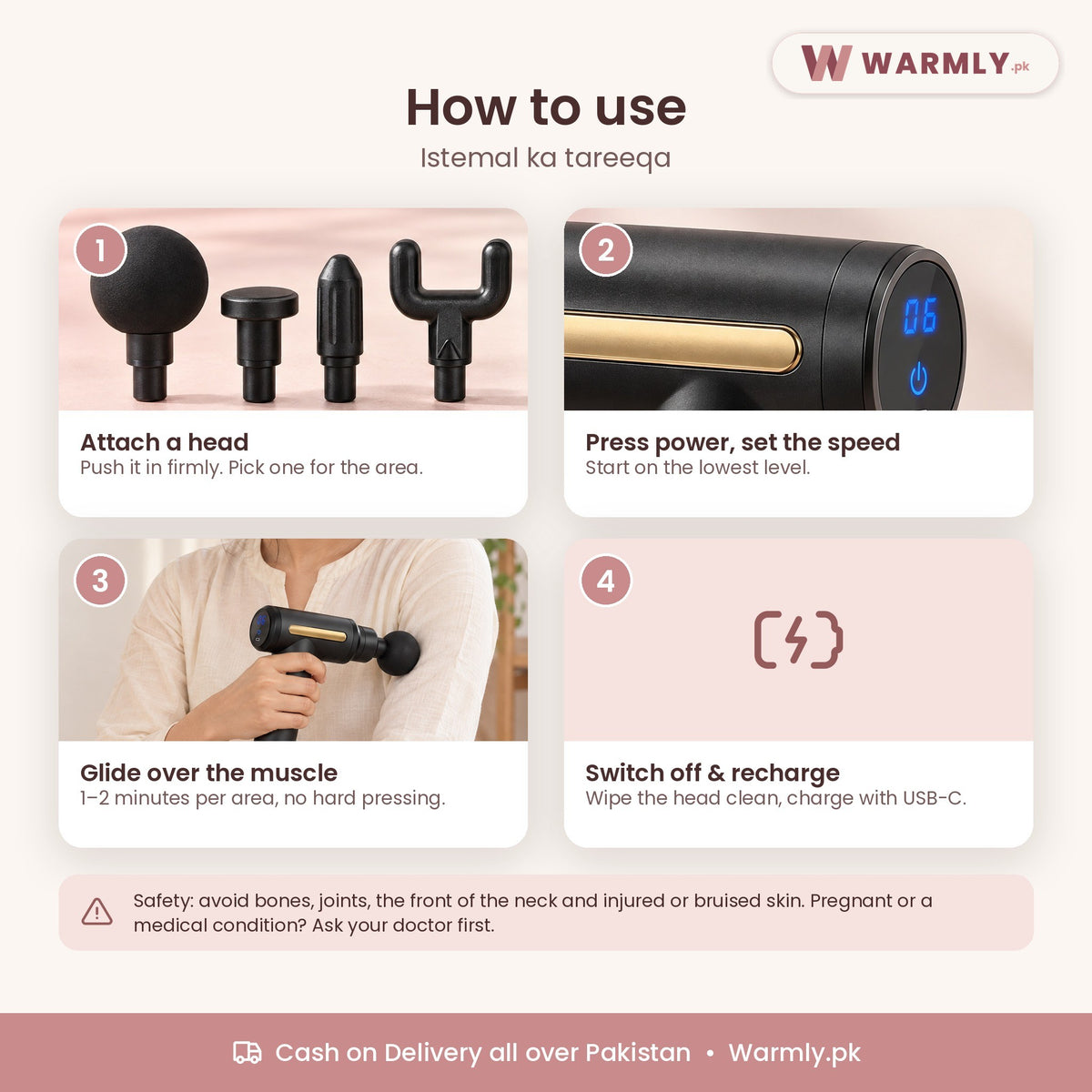 Warmly mini massage gun: how to use, step by step