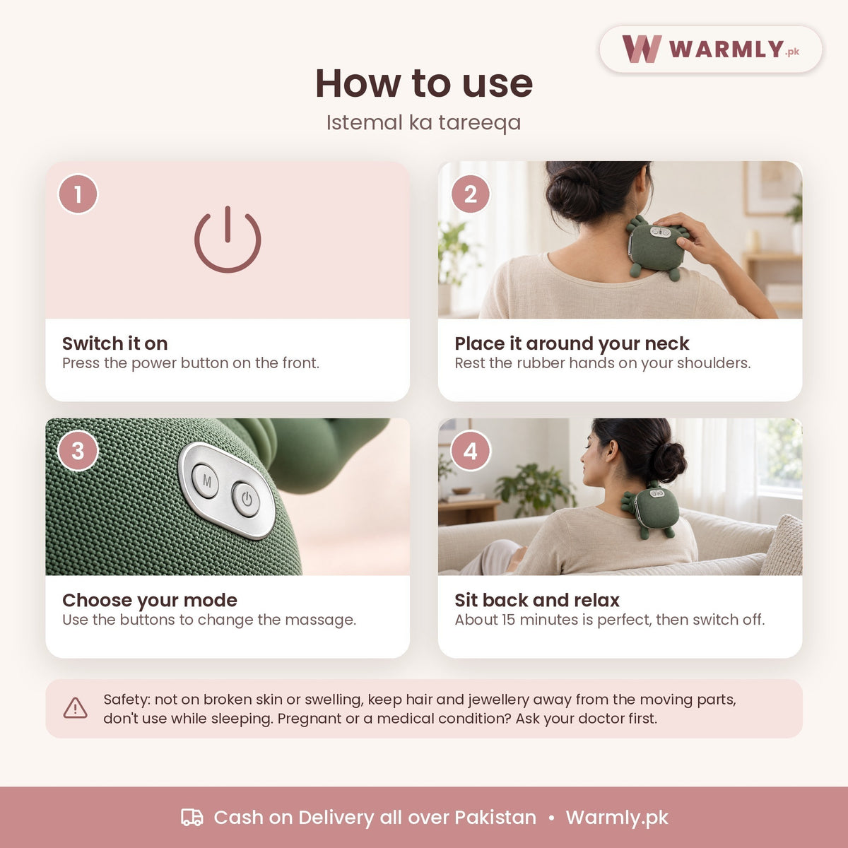 Warmly neck & shoulder kneading massager: how to use, step by step